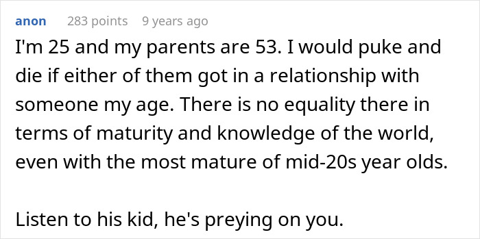 Alt text: Online comment warning woman about maturity and relationship issues after bumping into boyfriend&rsquo;s grown son.