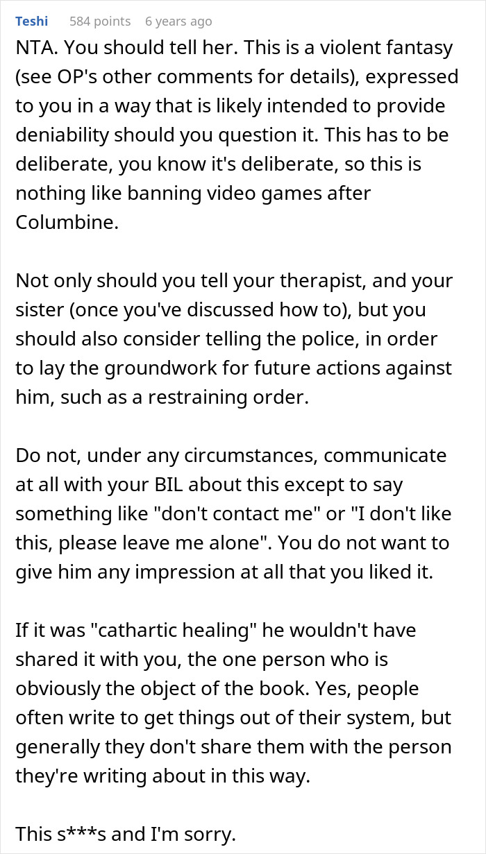 Reddit comment advising to inform therapist and police about disturbing book written by brother-in-law about marrying wrong sister.