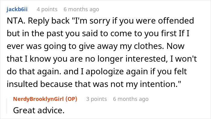 Screenshot of a Reddit conversation discussing a woman losing weight after a coworker offered her old clothes she's too skinny for. Screenshot of a Reddit conversation discussing a woman losing weight after a coworker offered her old clothes she's too skinny for.