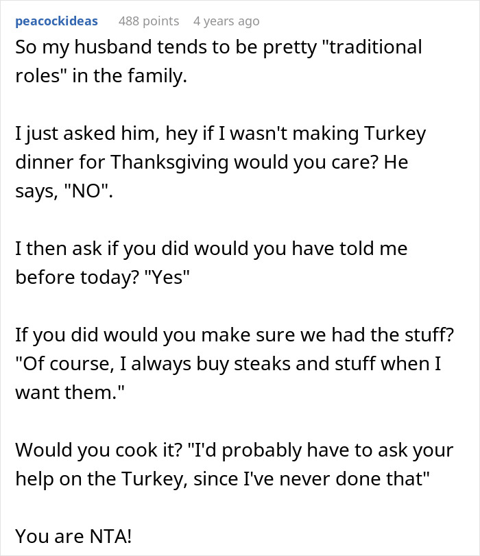 Text conversation showing a woman upset her husband assumed she planned Thanksgiving despite never doing that before.