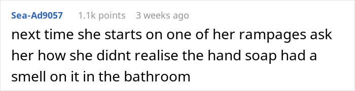 User comment discussing coworker sensitive smells related to hand soap in a bathroom and issues with washing hands. User comment discussing coworker sensitive smells related to hand soap in a bathroom and issues with washing hands.