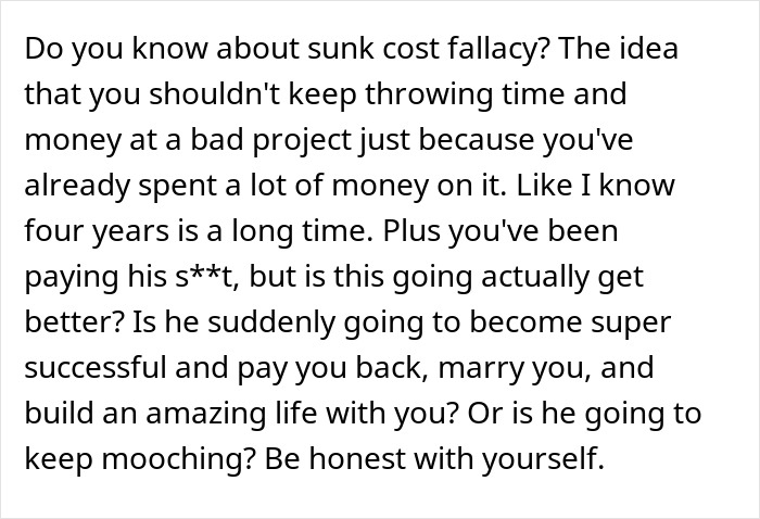 Text explaining the sunk cost fallacy and questioning if investing more money in a failing relationship will improve the outcome.