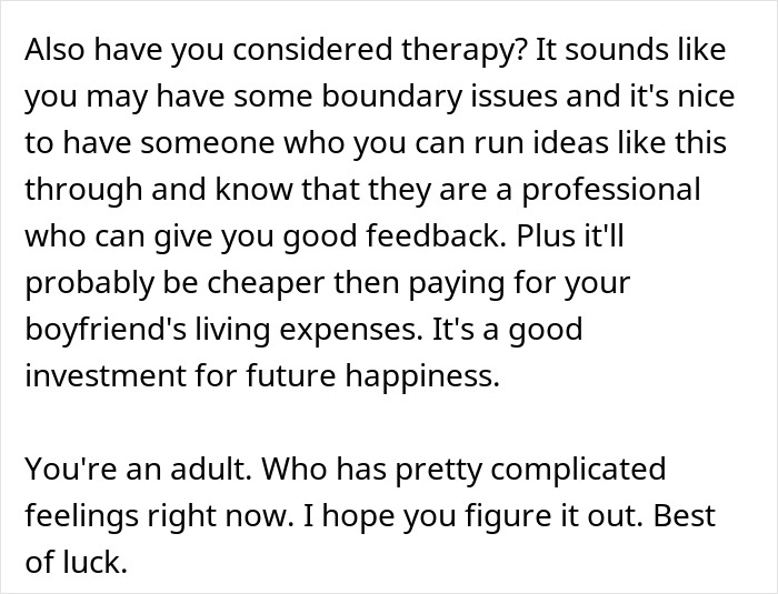 Text message discussing therapy and boundary issues in the context of a man with debt asking his girlfriend for a loan.