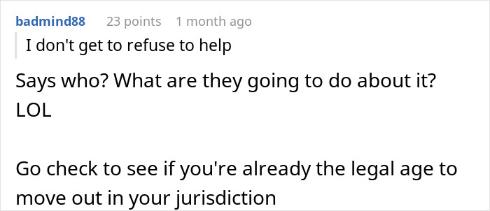 Reddit user discussing toxic parents favoring golden child son and younger son refusing to help with house chores.