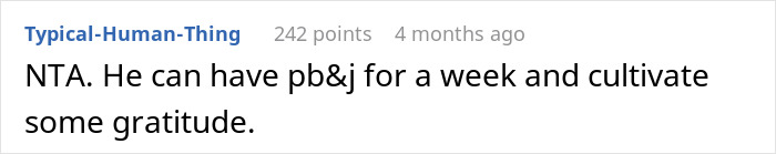 Screenshot of an online comment discussing a husband yelling at his wife for cooking the same thing after ingredient restrictions.