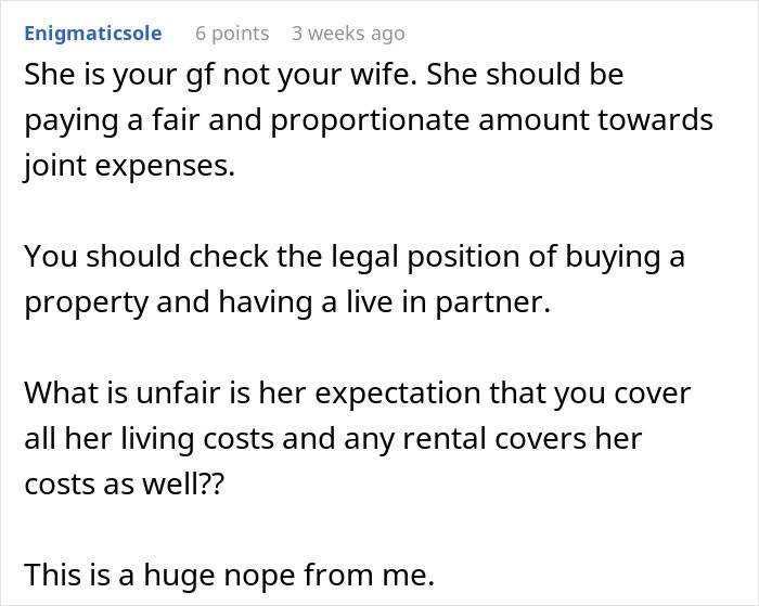 Comment discussing fairness and legal aspects of bill contributions after boyfriend spends $600K on a house.