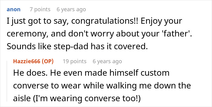 Comments discussing a bride&rsquo;s father refusing to attend wedding because it&rsquo;s not on American soil.