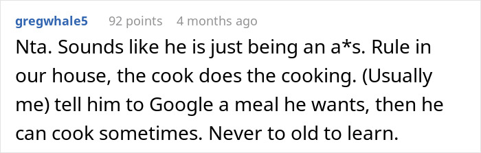 Screenshot of a forum comment discussing a husband yelling at wife for cooking the same thing after ingredient restrictions.