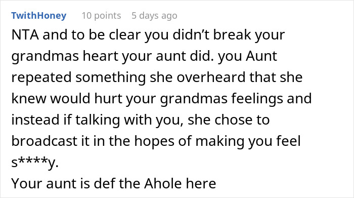 Screenshot of a user comment discussing drama after a 17YO vents about sharing a birthday with grandma and aunt overhears.