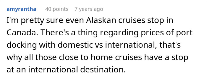 Screenshot of an online comment discussing domestic vs international cruising related to American soil wedding locations.