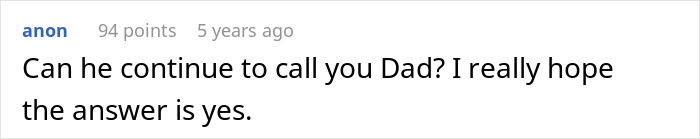 Comment questioning if son can keep calling him Dad amid doubts about real parents, reflecting on harsh truth dilemma.