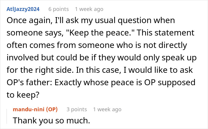 Screenshot of an online discussion where a user questions the meaning of keeping peace in family conflicts involving a babysitter.