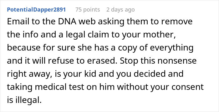 Comment discussing legal concerns about ancestry tests taken without consent in cases of nosy family members crossing boundaries. Comment discussing legal concerns about ancestry tests taken without consent in cases of nosy family members crossing boundaries.