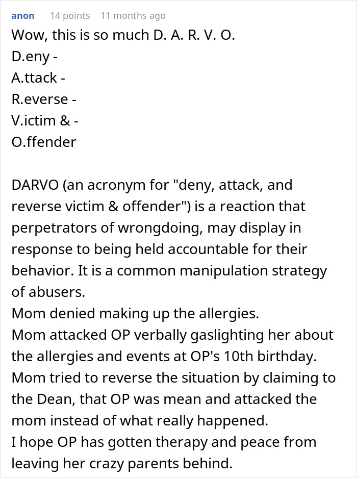Text describing DARVO manipulation tactics used by parents who lied about food allergies to their daughter causing no contact.