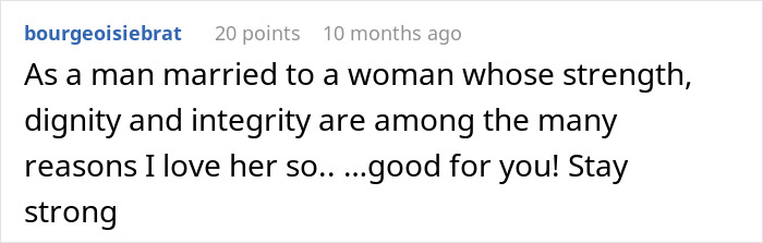 Comment praising a woman&rsquo;s strength and dignity as she stands firm against being called a gold digger over fair chores.