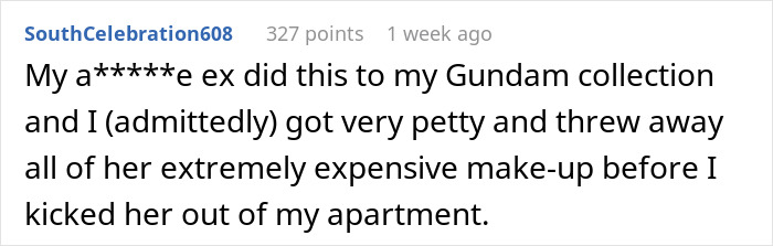 Text post about spouse conflict involving throwing away Gundam and makeup collections amid a heated breakup discussion.