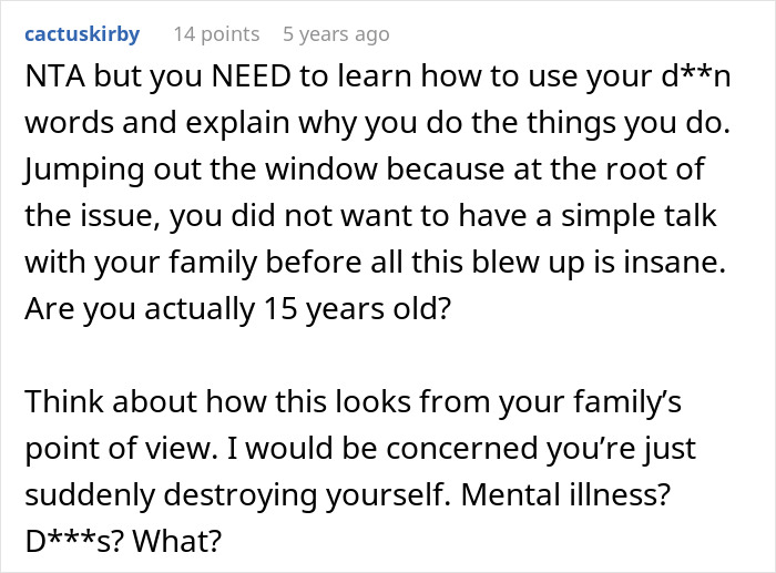 Comment discussing a guy running out the window after his mom's attempt to reconcile him with his ex-fianc&eacute;.