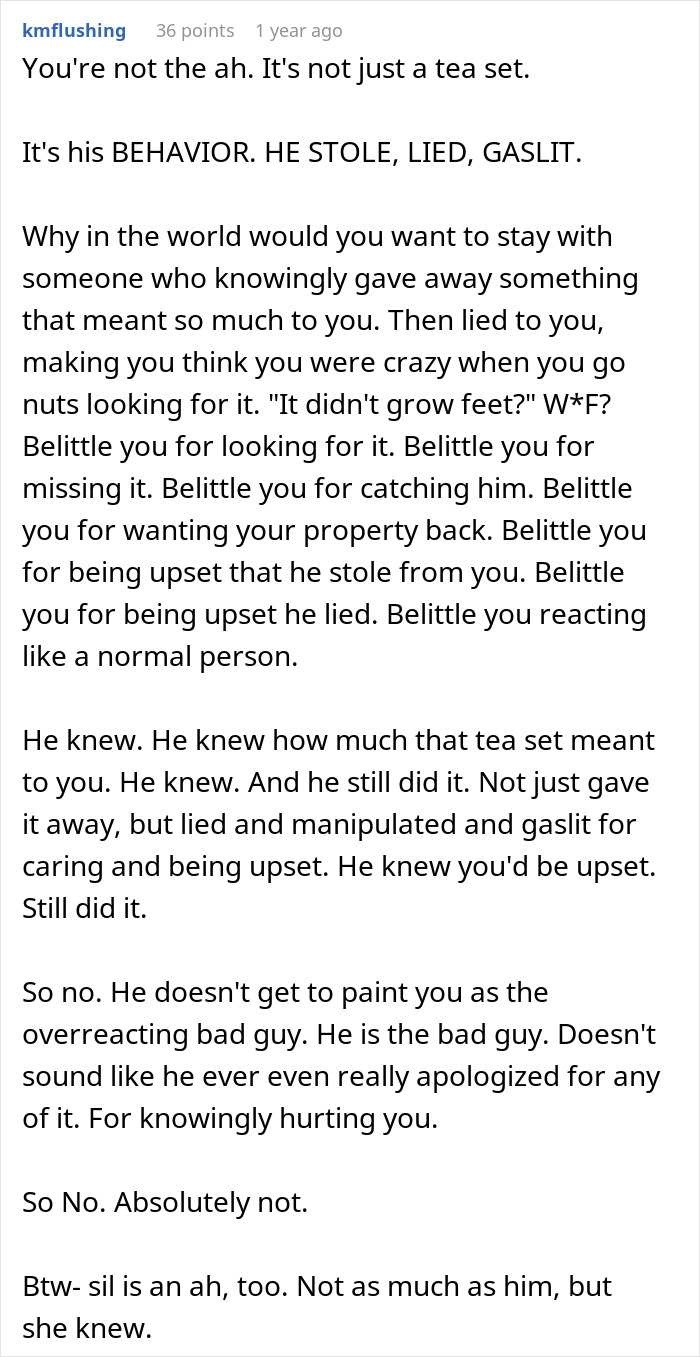 Screenshot of a Reddit comment discussing a man stealing his wife&rsquo;s tea set and damaging their marriage.