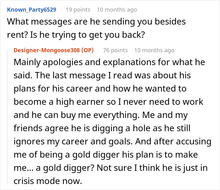 Chat conversation discussing a woman called a gold digger for wanting fair chores and leaving her boyfriend who begs for rent money.