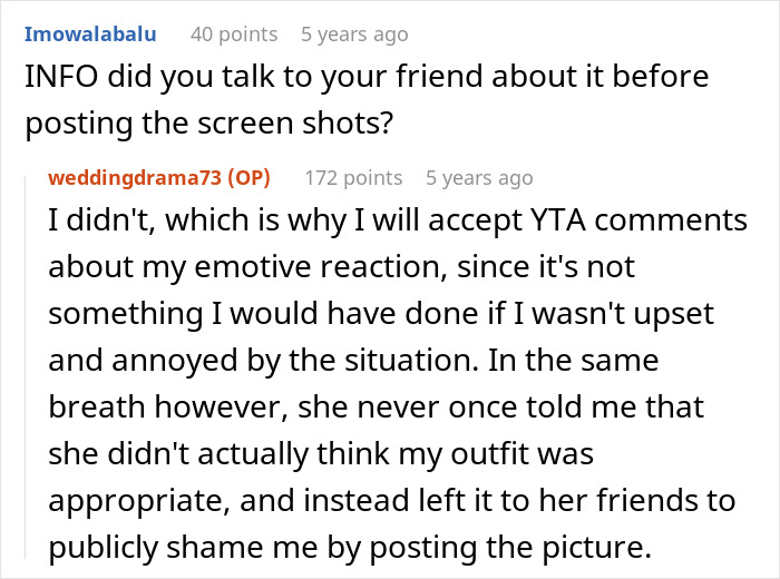 Screenshot of an online chat showing a woman defending herself after being shamed for wedding guest attire. Screenshot of an online chat showing a woman defending herself after being shamed for wedding guest attire.