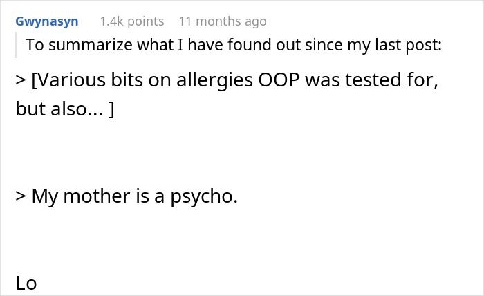 Screenshot of a forum post discussing parents who lied about food allergies causing no contact with their daughter.