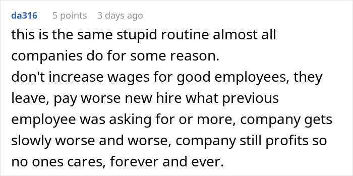 User comment discussing companies not raising wages for employees while paying new hires more amid changing market conditions.
