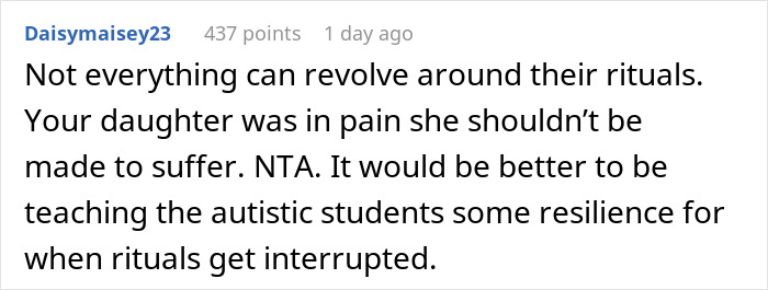Comment discussing mom standing her ground on prioritizing injured child over autistic student&rsquo;s needs and resilience teaching.