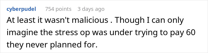 Reddit comment discussing stress of coworkers who attended superior&rsquo;s wife&rsquo;s show thinking it was free but got scammed.