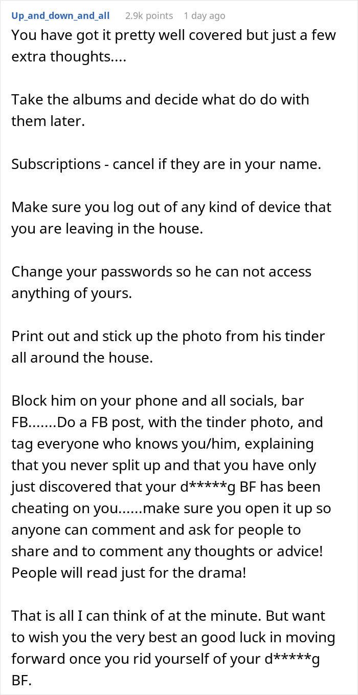 Reddit comment giving advice on handling breakup and managing communication after partner cheats.