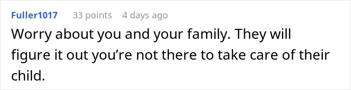 Text comment about parents guilt-tripping daughter-in-law who refuses to be a cheap babysitter for their child.