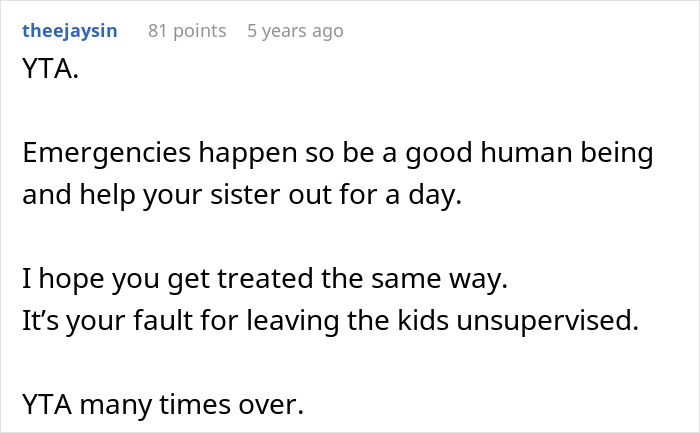 Commenter addressing kicking out sister&rsquo;s kids during a family emergency, urging kindness and responsibility.