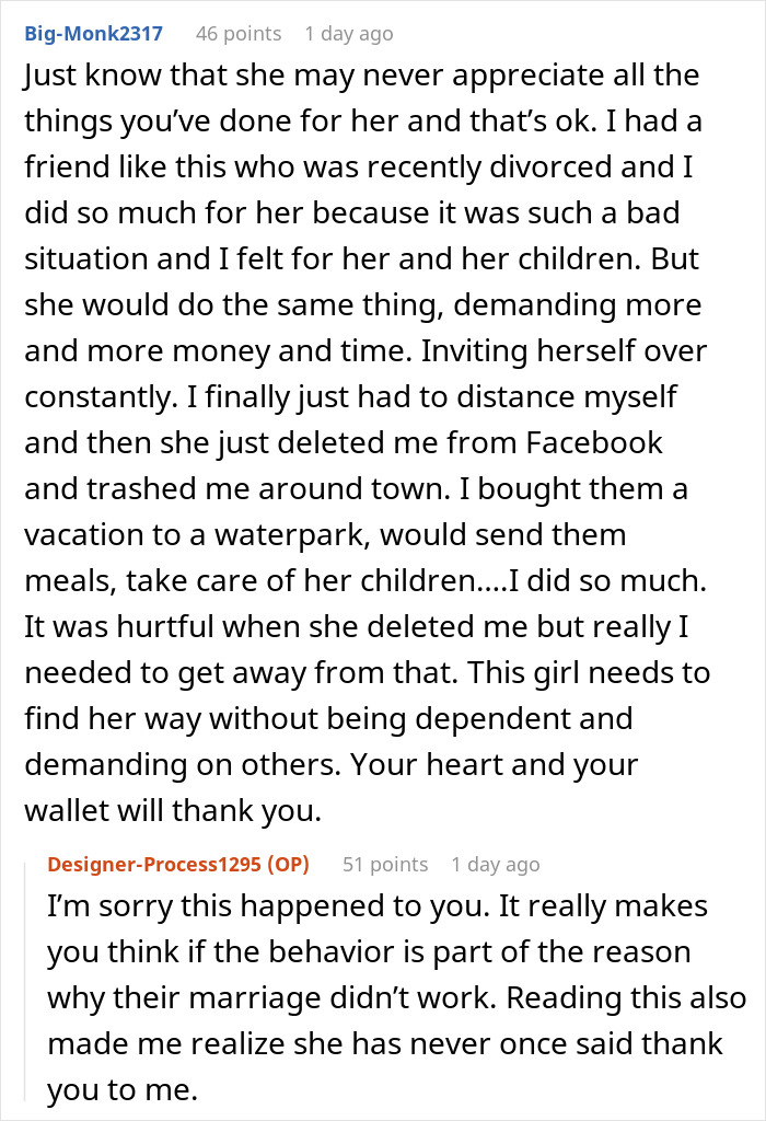 Comments on a woman who trusted a friend that "forgot" her wallet and felt duped without receiving any thanks.