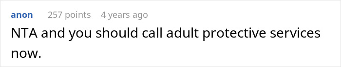 Screenshot of an online discussion where a user advises calling adult protective services regarding family care issues.