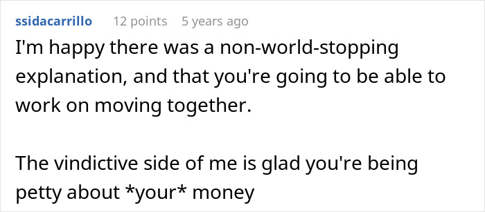 Comment expressing relief over non-world-stopping news and frustration about petty behavior regarding money.