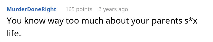 Screenshot of a Reddit comment criticizing knowledge about parents' private life, related to open marriage regrets.