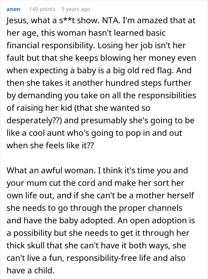 Alt text: Online comment expressing frustration over woman unable to afford her miracle baby and asking half-brother to adopt it.