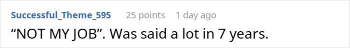 Screenshot of a Reddit comment saying NOT MY JOB was said a lot in 7 years in a plain text post.