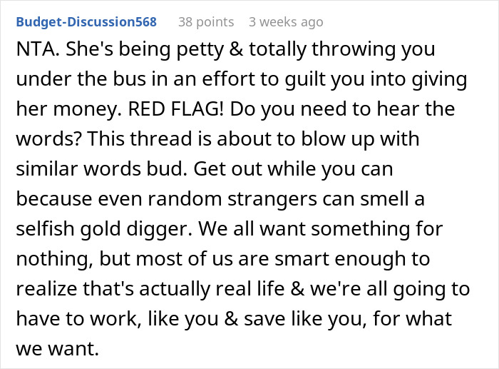Screenshot of an online discussion where a user calls out a woman demanding combined income and labels her boyfriend selfish with money. Screenshot of an online discussion where a user calls out a woman demanding combined income and labels her boyfriend selfish with money.