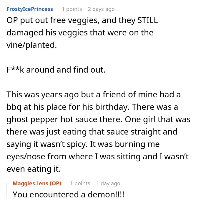 Text conversation about a woman&rsquo;s hot revenge on neighborhood kids, showing mixed feelings of laughter and guilt.