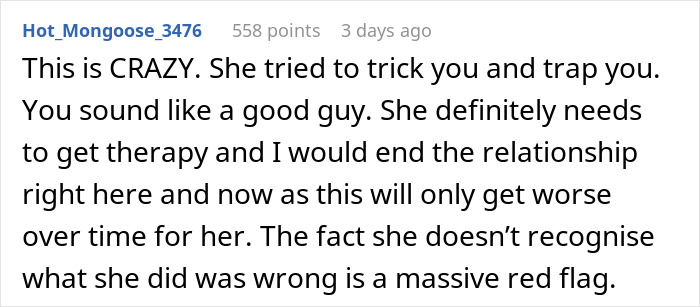 Reddit user commenting on a loyalty test in a relationship, calling it a massive red flag and advising to end it.