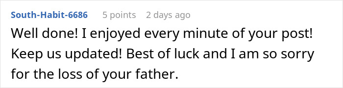 Comment expressing support and sympathy for grieving daughter determined to drive step-monster to financial ruin.