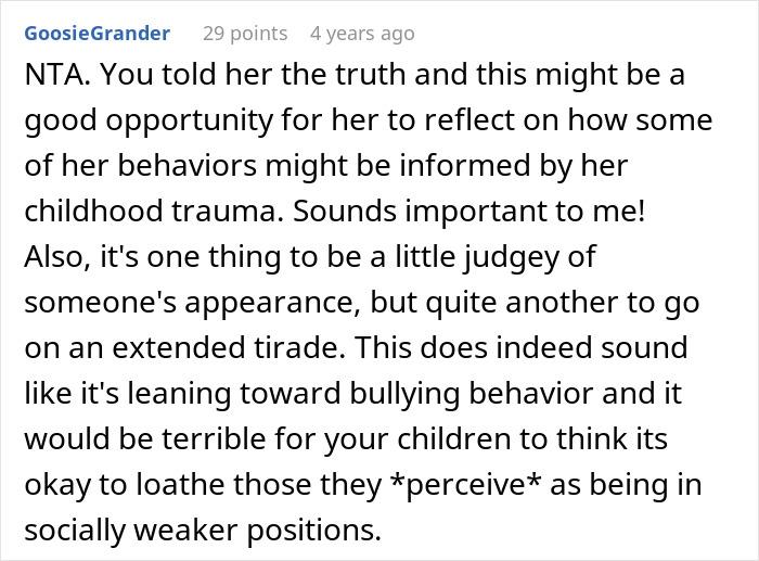 Comment explaining how calling wife a bully may trigger reflection on childhood trauma and bullying behavior concerns.