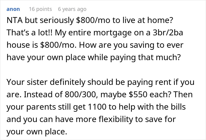 Comment discussing sibling refusing to pay rent while sister lives rent free, suggesting fair rent distribution and savings tips.