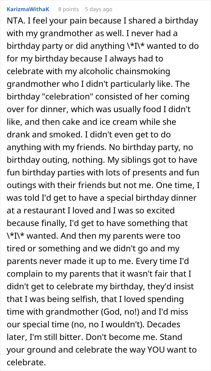 Teen vents about sharing a birthday with grandmother causing family drama and an aunt overhears the heated conversation.