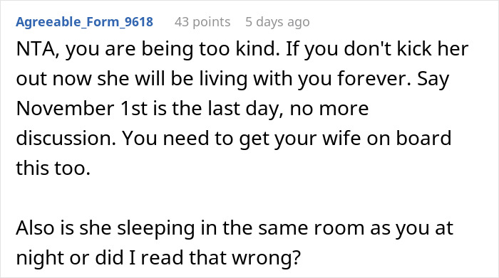 Screenshot of a Reddit comment advising a couple to set a firm deadline for their homeless friend mooching off them.
