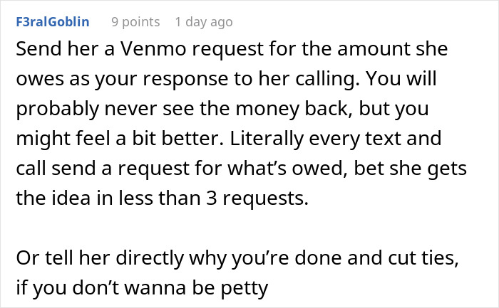 Screenshot of a Reddit comment advising a woman who believes a friend forgot her wallet but got duped without a thank you.