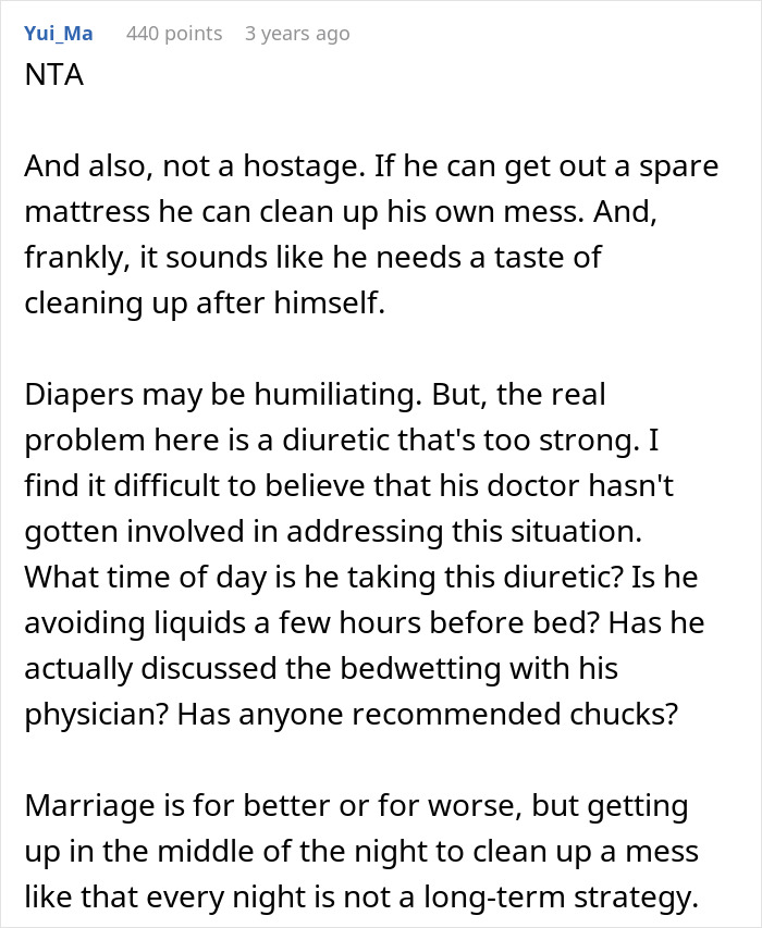 Wife cleans bed repeatedly, confronts husband refusing diapers and catheter, discussing challenges of bedwetting care.