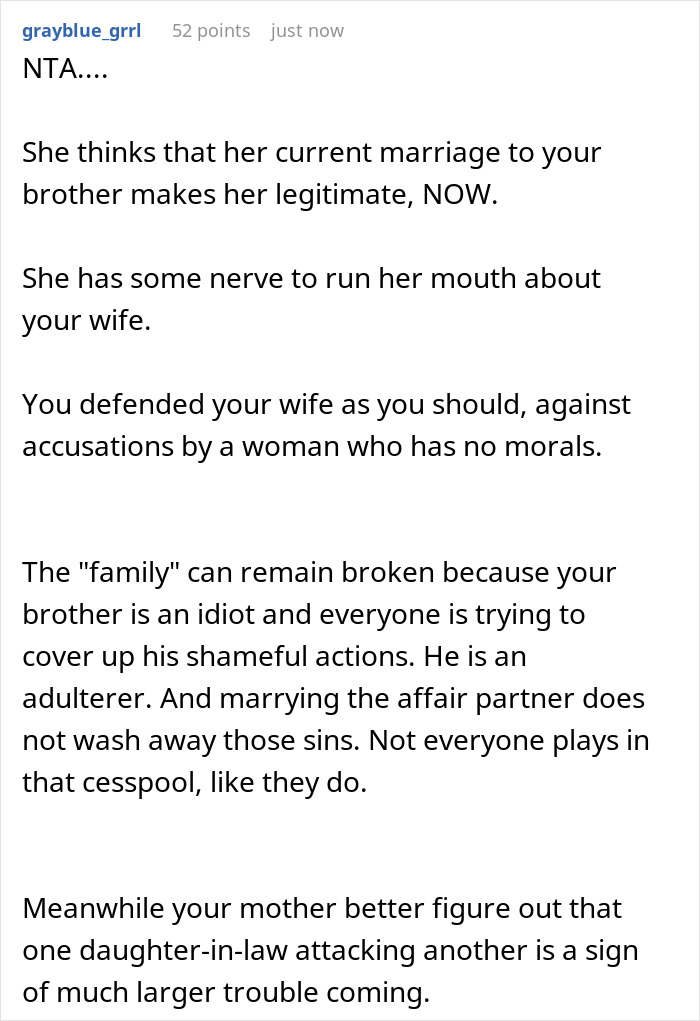 Commenter responding to cheating accusations involving brother's wife and ex-mistress amid family conflict online.