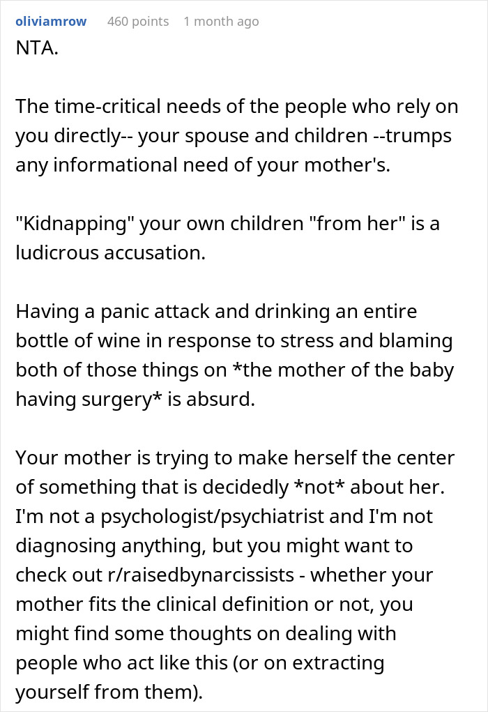 Screenshot of an online comment discussing a mother accusing daughter of kidnapping after no updates during child&rsquo;s procedure.