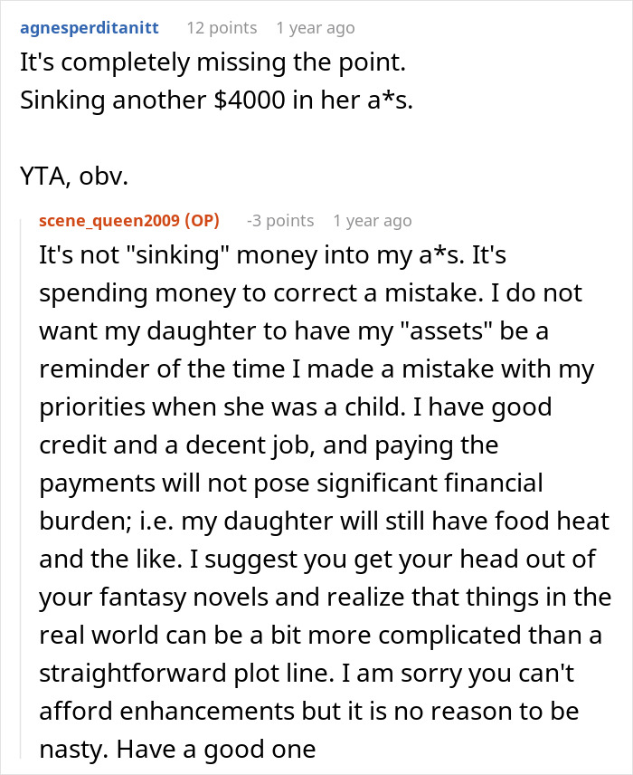 Reddit conversation showing a single mom defending spending thousands on plastic surgery despite criticism and financial concerns.